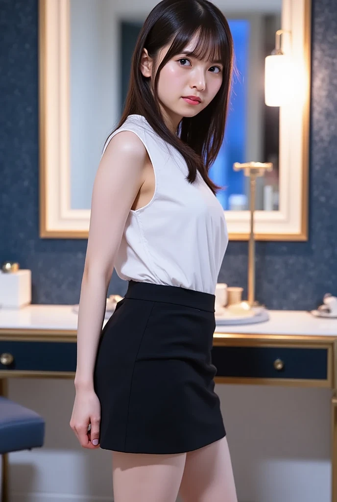 (((8k、High resolution、Highest quality、High resolution)))alone、Natural body shape、White skin、Business Makeup、((Black Hair、bangs、Straight Long Hair))、((()))、、(:1.4)、(())、(((((Full body photo)))))、(((Focus on work)))、(((Wear a sheer satin blouse on your upper body)))、office、(((忙しいoffice))) 、((White sleeveless shiny blouse))、((See through:1.3))、((Navy blue slit tight skirt、mini skirt、Ultra-realistic pantyhose))、、、Sulky look、((Bare thighs))