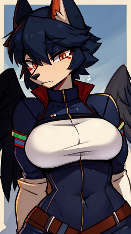 Young Crow Harpy Blue Eyes Gothic Black Costume Belt on torso Japanese anime hand drawn illustration whole body Character portrait Estrus Nipples nipple nipple Dark Skin serious My chest is shaking Bouncing breasts