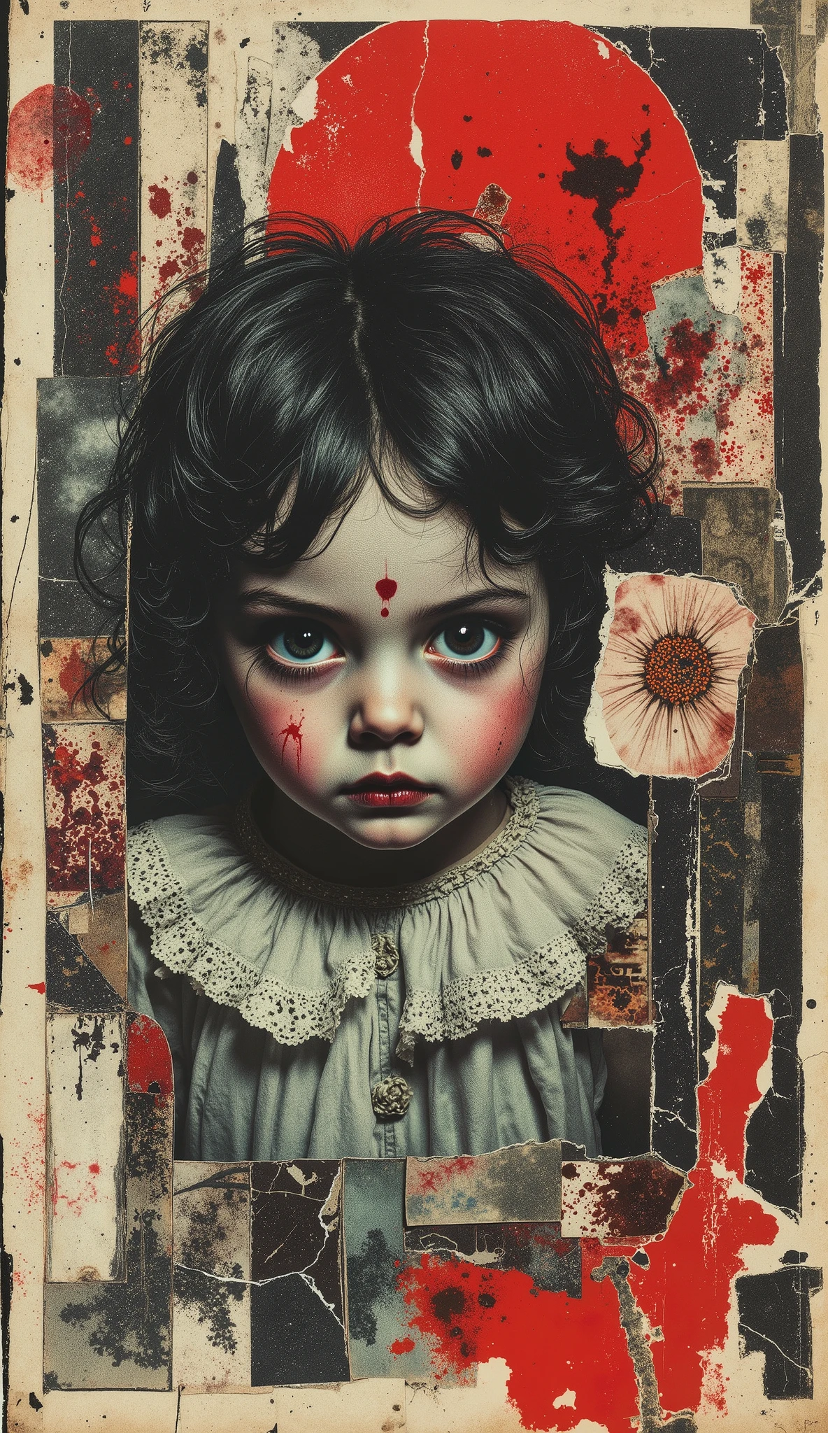 film(1929), directed by Luis Buñuel, Surreal retro collage artwork composed of cutouts from vintage horror magazines, chaotic and rebellious composition, torn paper textures, bold pop colors, absurd juxtapositions, sinister nostalgic aesthetic. Hidden within the vibrant, There is a very 24-month-old baby, very sinister and strange girl, with black and white hair — subtly integrated, fragmented and partially obscured, immovable in the midst of chaos. At first sight, imperceptible, but revealed upon closer inspection. It evokes mystery and contrast, combining nostalgia with silent rebellion and horror.