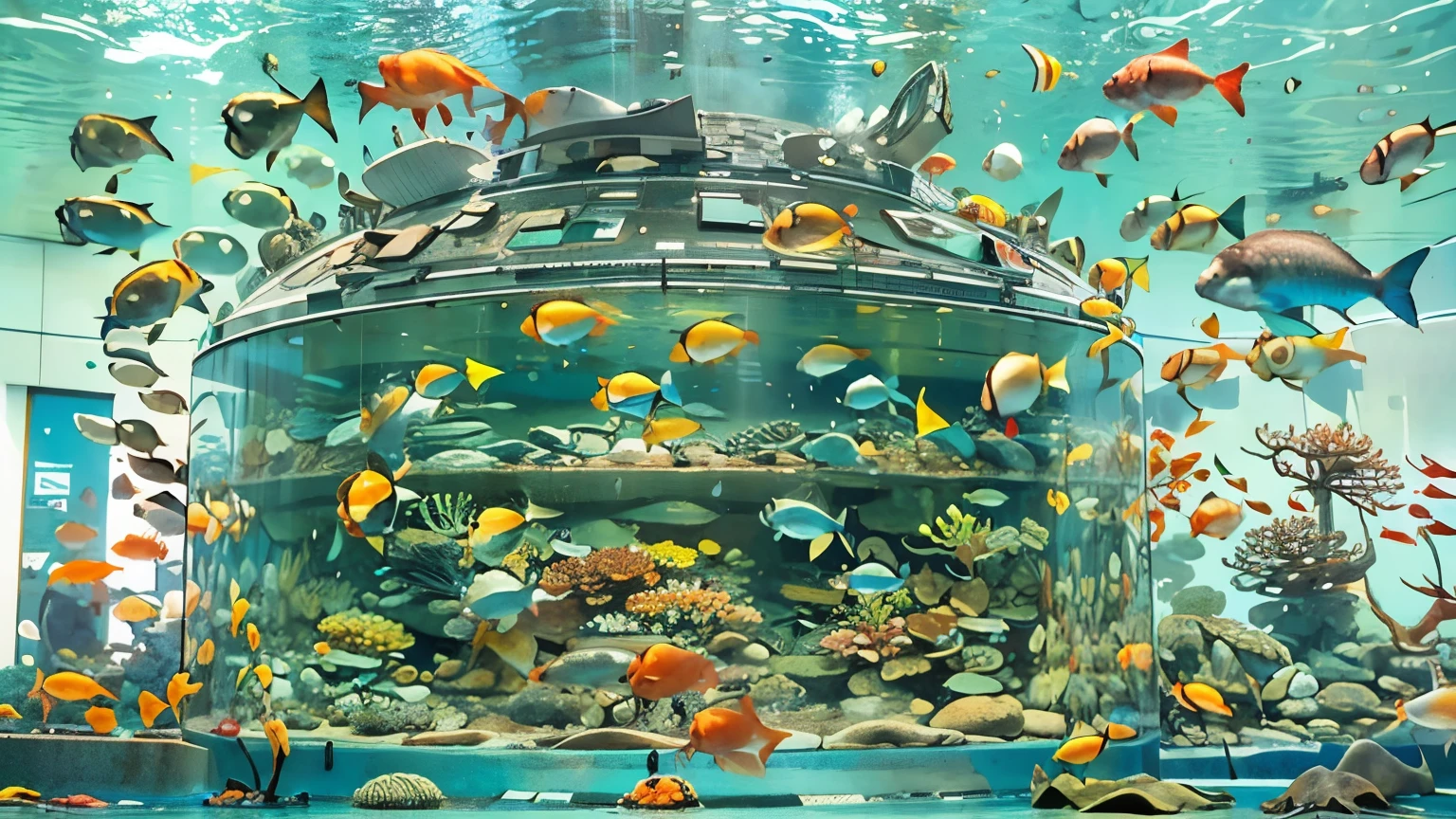 A huge, dimly illuminated, futuristic aquarium, while light dances through the water , (I'm watching many fascinating schools of fish swimming in a super huge tank:1.5) . soft blue surface , (Majestic rays, giant sunfish, and large colorful tropical fish are swimming in the tank:1.5),(Shrimps, crabs, starfish, sea anemones, and sea urchins crawl at the bottom of the tank:1.5), (A large number of tropical fish are swimming tightly in the giant multi-tiered tank:1.5),while admiring the serene beauty of the water、creates a calm atmosphere , world . in the background 、has a towering fish tank full of coral reefs and seaweed, a group of vibrant tropical fish.The supergiant aquarium of the future,(is full of colorful creatures I've never seen before swimming:1.5),Super giant aquarium,(A 100m water tank that is enough to look up:1.5),(Back view of a girl looking up at an aquarium:1.5),(colorful fish and creatures:1.5),