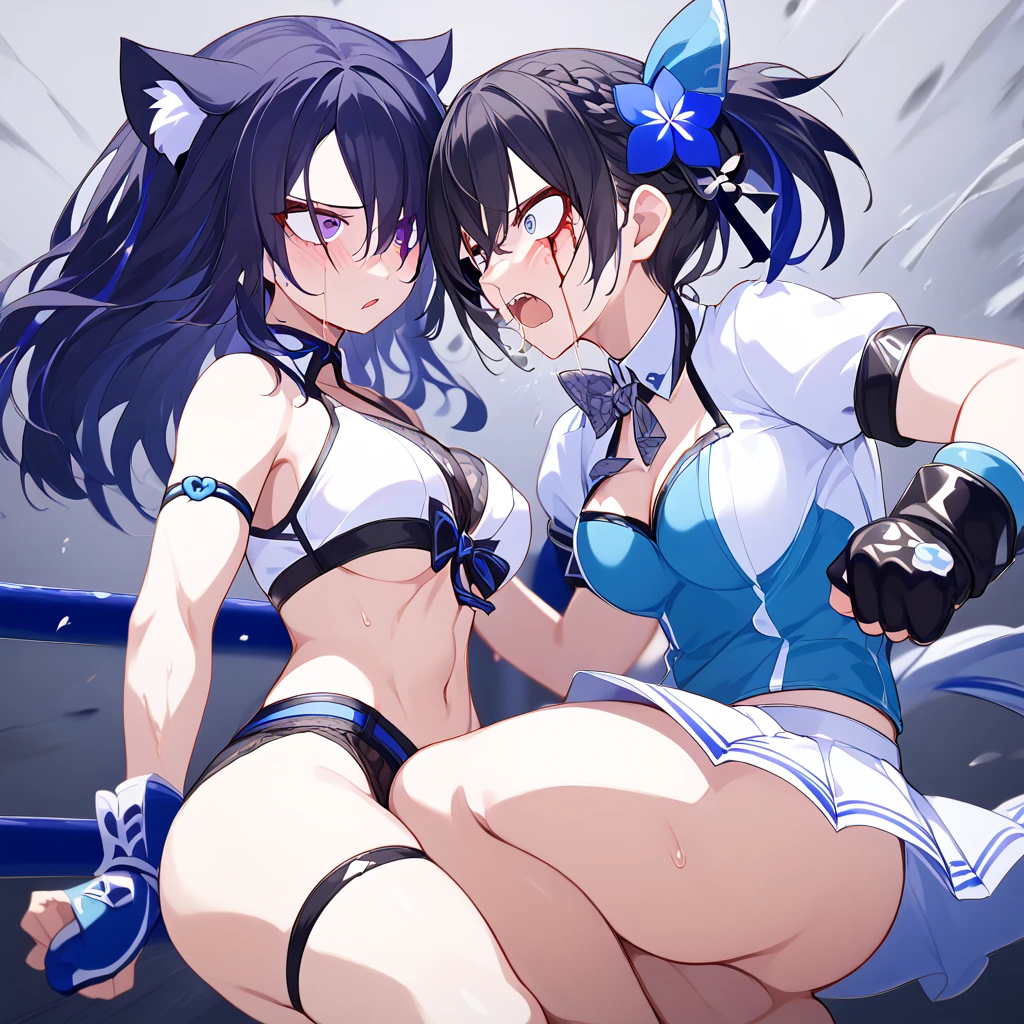 (((masterpiece))),(((best quality))),(ultra-detailed,high resolution:1.2),(illustration),((an extremely delicate and beautiful)),(detailed background), ((((hug from behind)))), sex from behind, standing sex, ((((motion lines)))), vulgarity, collar, handcuffs, chain, all gag, blindfold, clothed, (((wrestling ring))), ((1girl)and(1boy)), hetero, (1girl,tall stature),((((Bronya Rand/(Honkai:star rail/)))),official alternate costume, (slender body:1.4), (long hair,drill hair),grey hair,hair between eyes, grey eyes, (large breasts), pale skin,shiny skin, ((((ahegao)))), (rolling eyes:1.4),(trembling), ((She wears dress,white dress, black silk stokings,leggings,black footwear, thigh boots, elbow gloves,black gloves, long sleeves, sleeveless, jewelry,earrings), (cum in pussy:1.4),cum on clothes,cum on breasts,excessive cum, clothing aside, clothed, (1boy,tall stature:1.4), (he has hair:1.4), large penis, text,