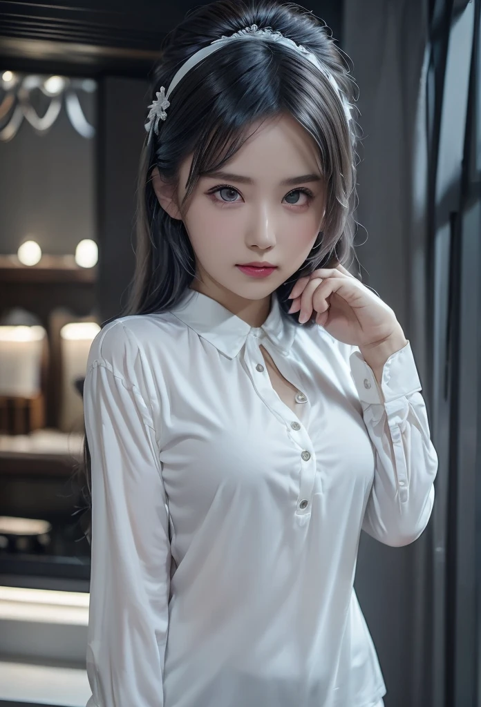 masterpiece, best quality, (dark photo:1.3), photorealistic, 1girl, flat bangs, stunning innocent symmetry face, shirt, emotional, ulzzang, (PureErosFace_V1:0.7)
