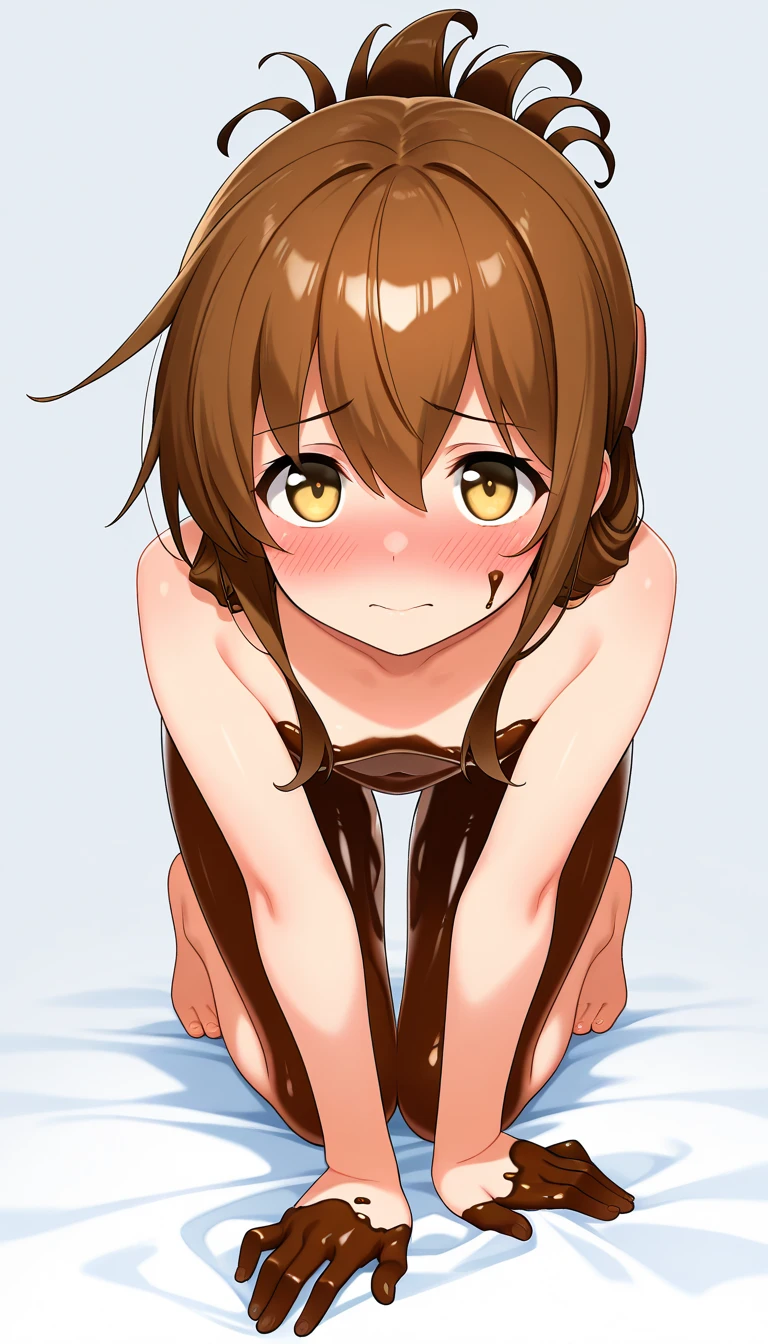 whole body,Standing posture, (alone,Beautifully arranged hair,,Brown Hair,Twin tails,) (Small breasts,Girl,Brown skin), (beautifully drawn face:1.2) (Naked,) Embarrassed expression,(White background) 