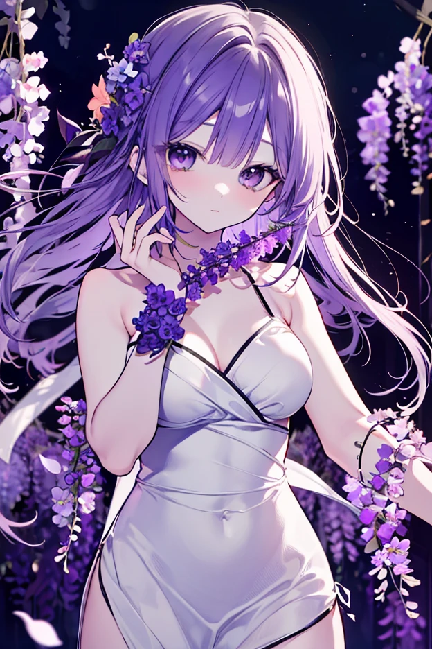 {{{{masterpiece}}}}, {{{super detailed}}}, {{{High resolution}}}, {{excellent anatomy}}, (((highest quality))), ((very delicate and beautiful)), {{very detailed and delicate}}, {8k cg wallpaper},((detailed background))One female、best style、beautiful woman、The most beautiful woman in the world、Purple flowers are blooming on the purple lake surface, soft purple glow, Purple light, (purple wisteria forest), wisteria season, art, shining purple, Purple petals are dancing everywhere、 The blossoming path to heaven, purple glow、Purple water、purple reflective water surface、purple light、(((Sheer skin dress:1.5))),((big breasts))、show through、waterside and wisteria、Detailed design、beautiful design、sexy pose、Sheer skin、nipple