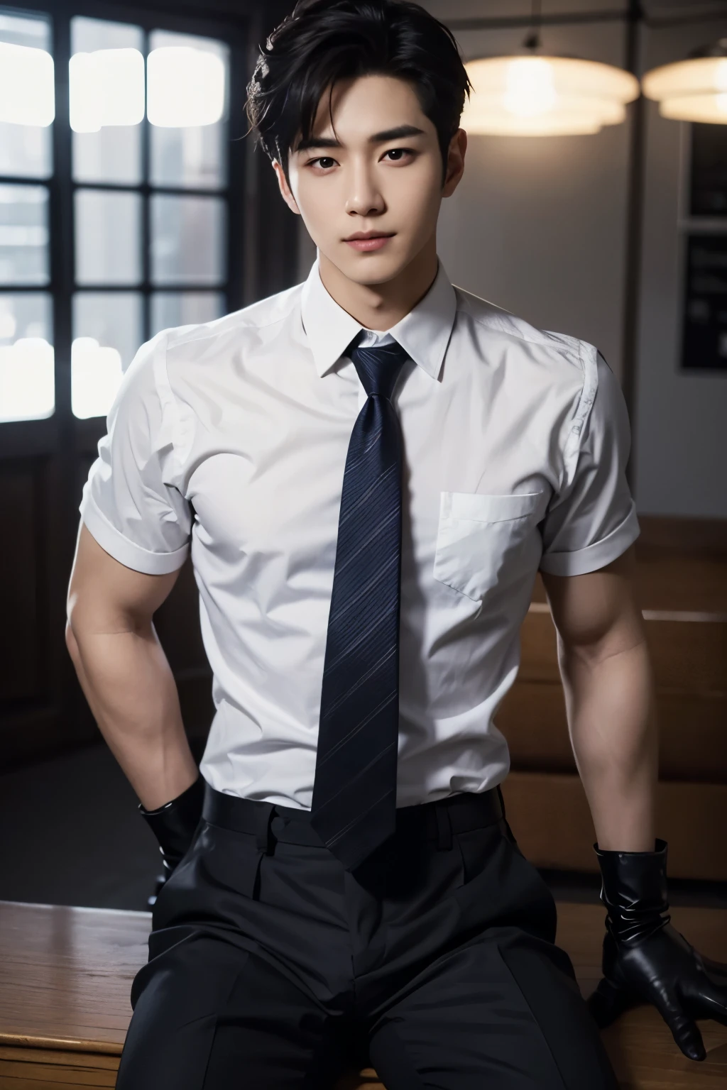 top-quality、​masterpiece、超A high resolution、(realisitic:1.4)、详细的脸、独奏、１human male、The upper part of the body、Dark hair、glistning skin、dense skin、(asian human)、architectural、(absurderes、hight resolution、ultra-detailliert)、、1 male、Adults、(An 18-year-old man)、a handsome、tall muscular man、broad shoulder、extra very short hair、angular jaws、thick neck、thick eyebrow、extra very short hair、A dark-haired、fine eyes and detailed face、 Highly detailed CG Unity 8K wallpapers、intricate-detail、(Style Swirl Magic:0.7)、looking at the spectator、独奏、(full body Esbian:0.6)、细致背景、A detailed face、dynamicposes、、dynamic compositions、 big muscle、、((((Crotch bulge))))、a handsome、 ((masutepiece:1.4, Best Quality)), ((masutepiece, Best Quality)), (photographrealistic:1.4)、(((a high school boy)))、grin, ((Textbooks and notebooks on the table)),((Chalkboard with formulas)),((Large windows with bright sunlight)),((Background classmates engaged in various activities)),((Clock ticking on the wall)),((Teacher standing in front of room with chalk))、posterior view、blazers、