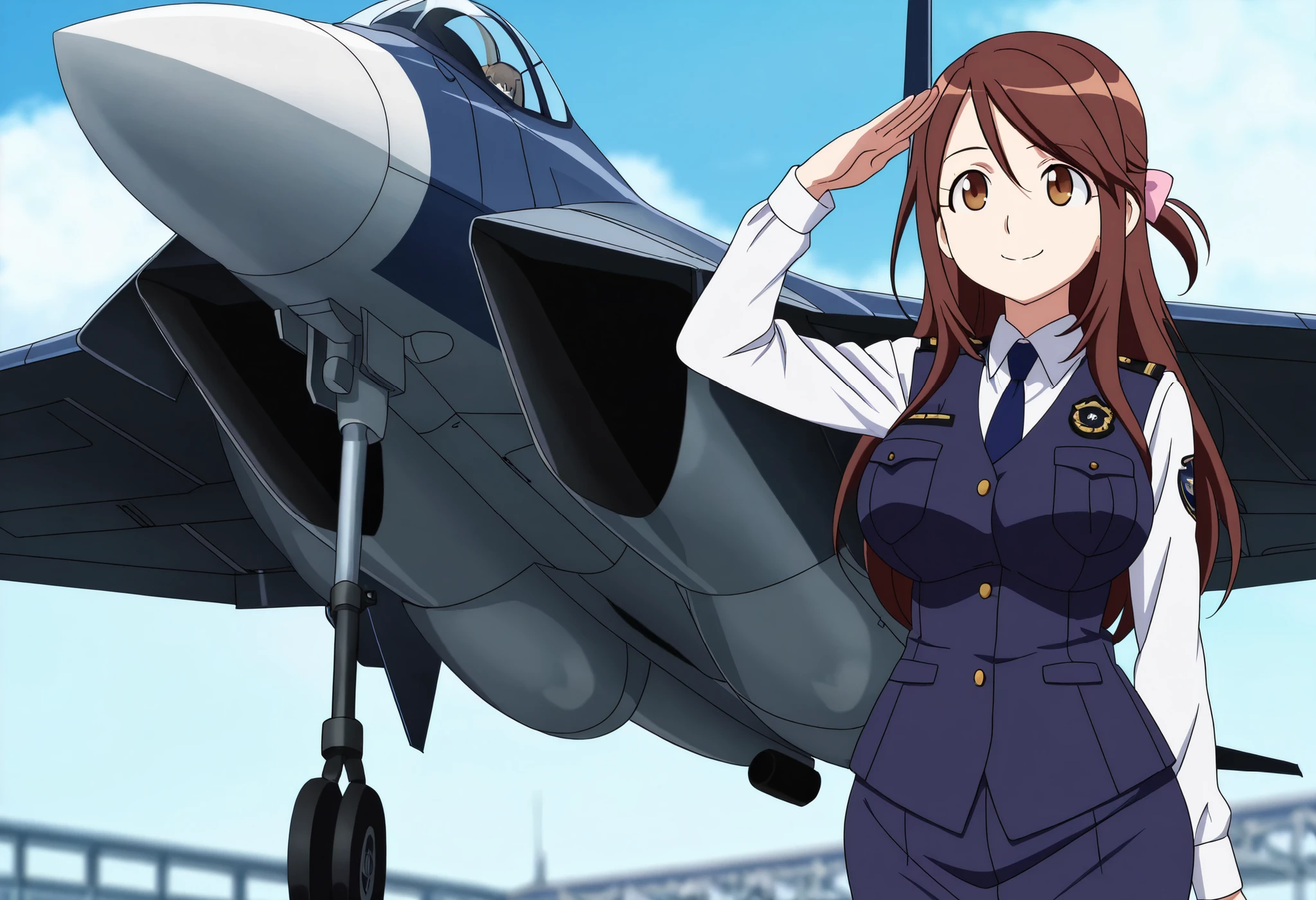 (anime coloring,anime screencap,official style:1.1),solo,1girl,smile,
fighter jet,air force base,outdoor,
iida nana, brown hair, long hair, one side up, hair bow, pink bow, brown eyes, large breasts, wide hips,mature female
police uniform, blue vest, white shirt, collared shirt, long sleeves, blue skirt, pencil skirt, blue necktie,salute
