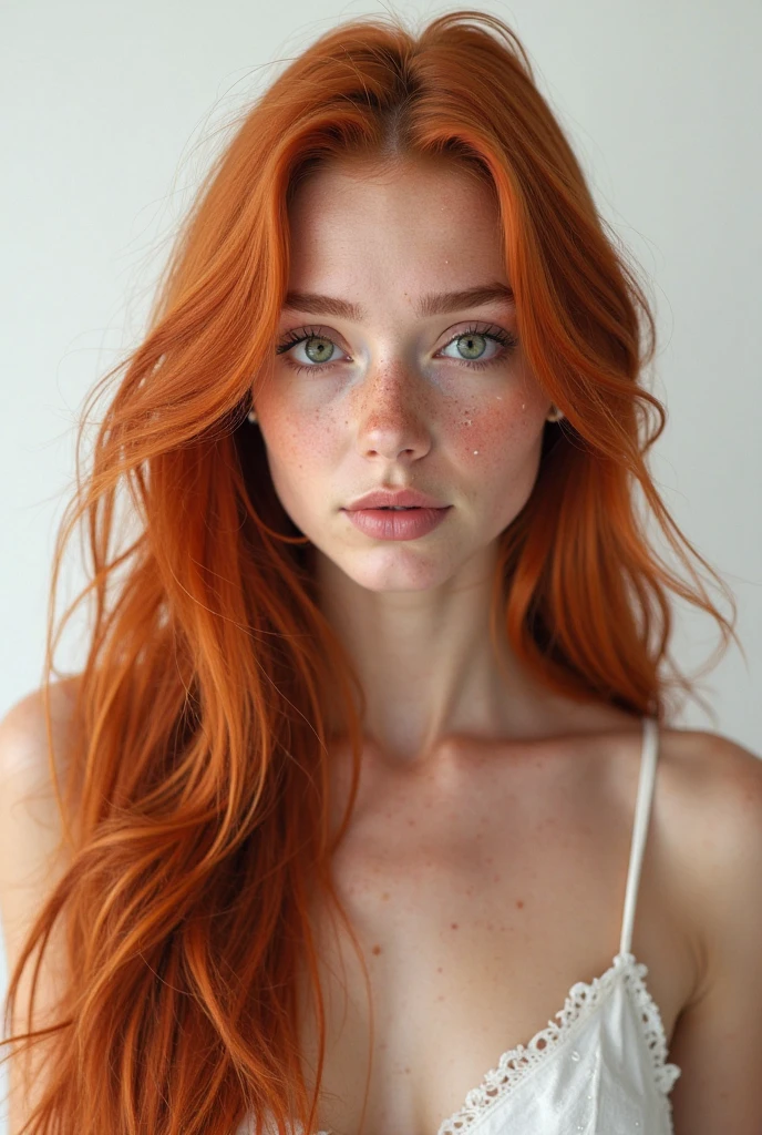 raw photo, (18yo redhead girl:1.2), graphic eyeliner, rouge, realistic skin texture, Freckles, green eyes, Pele branca clara, instagram style, Pale white skin, redhead pattern, Steep nose, Of bourgeoisie