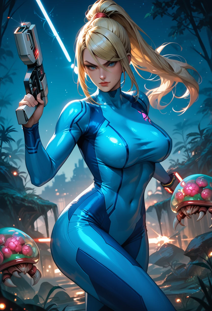 1girl, 1monster, Samus Aran, Samus fight with monster, fighting, zero suit, large breasts, eyes blue (detailed:1.0), intense pleasure, realistic, curly hair, blondie, thin, source_anime, ponytail, cute, space ship, athletic body, scream, evil in eyes, gun in hand, back side