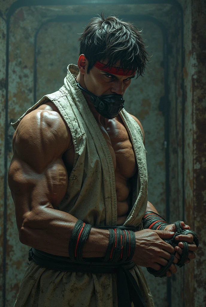 Street fighter ryu, frontal view, bushy eye brows, full body, red sash, beard, angry looking,