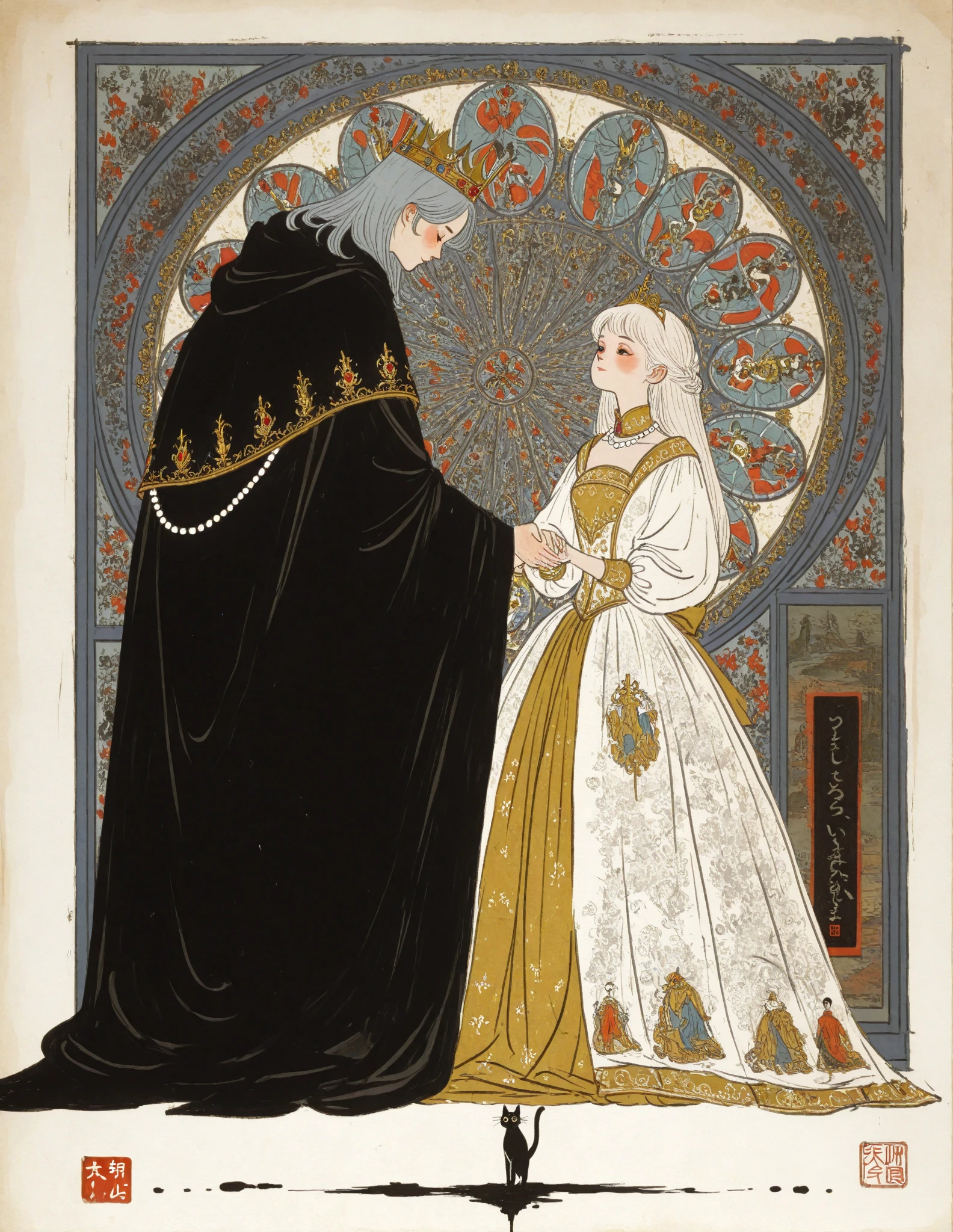 at a medieval European style ball、The prince and princess hold hands and dance,The prince has a smaller crown、cloak、tuxedo-style collars and ribbons, The prince has long blue gray hair,The princess has short white hair,A tiara for the princess、with lace and jewels、Pearl necklace,Handmaids and attendants are arranged around it to create a sense of glamor,The background,stained glass,by arranging palace-like details, Fairy tale and fantastic,Renaissance style,Prince cat and princess cat dancing hand in hand {x} It's an ultra-detailed painting inspired by Lotte Ringer,Ukiyo-e, delicate ink painting details , extra fine ink details ,occult art , graphic details , Ink drawing , Detail shot, Amazing Details , Ukiyo-e style with black and white airbrush painting ,