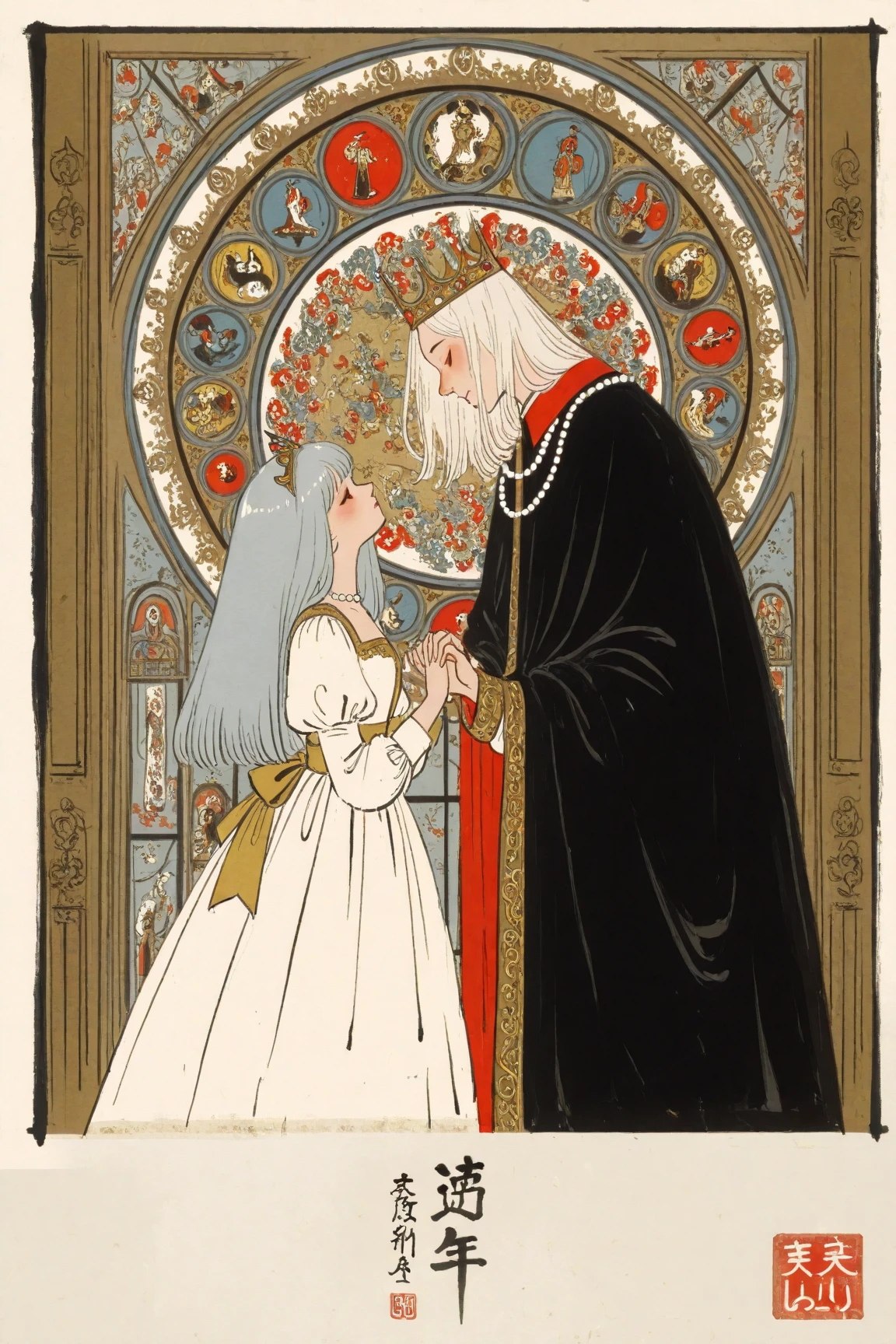 at a medieval European style ball、The prince and princess hold hands and dance,The prince has a smaller crown、cloak、tuxedo-style collars and ribbons, The prince has long blue gray hair,The princess has short white hair,A tiara for the princess、with lace and jewels、Pearl necklace,Handmaids and attendants are arranged around it to create a sense of glamor,The background,stained glass,by arranging palace-like details, Fairy tale and fantastic,Renaissance style,Prince cat and princess cat dancing hand in hand {x} It's an ultra-detailed painting inspired by Lotte Ringer,Ukiyo-e, delicate ink painting details , extra fine ink details ,occult art , graphic details , Ink drawing , Detail shot, Amazing Details , Ukiyo-e style with black and white airbrush painting ,