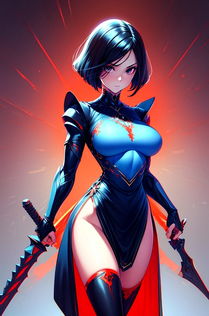 imagine a beautiful and cool female ninja in the Sengoku period, portrayed within a mysterious and captivating atmosphere, reflect the woman's attire in a modern and impressive interpretation of traditional kunoichi clothing, Design her appearance to align with her graceful and swift movements, let her face express both calmness and intelligence, the female ninja adeptly wielding her sword should seamlessly blend into the enigmatic surroundings of the Sengoku period, create an image that highlights her beauty and skills against a backdrop of shadows and distinctive scenery typical of the sengoku era, jet black hair, short hair, huge breast, sagging breast, curvy, (master piece, best quality, intricate details, sharp focus, UHD, 8K, Ultra Detailed 8K CG, cinematic lighting, vivid colors, sof HDR), <lora:FaithMirror:0.55>