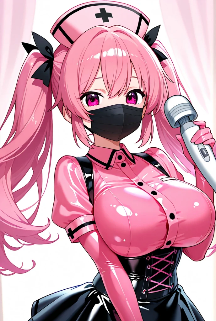 pink twintails, extremely happy, cheerful, pink eyes, wearing plain black shirt, pink skirt, looking at viewer, no hat, holding orange glowsticks in hands, no underwear, large breasts showing