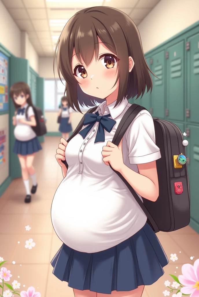 beautiful, (masterpiece), Highest quality, (extremely detailed face), extremely detailed　In front of the public, eyes, Perfect lighting, Overall detailed, detailed, Japanese、、Little、Primary school students、school bag、Big belly like a pregnant woman、School Swimsuit、Flat Chest、
