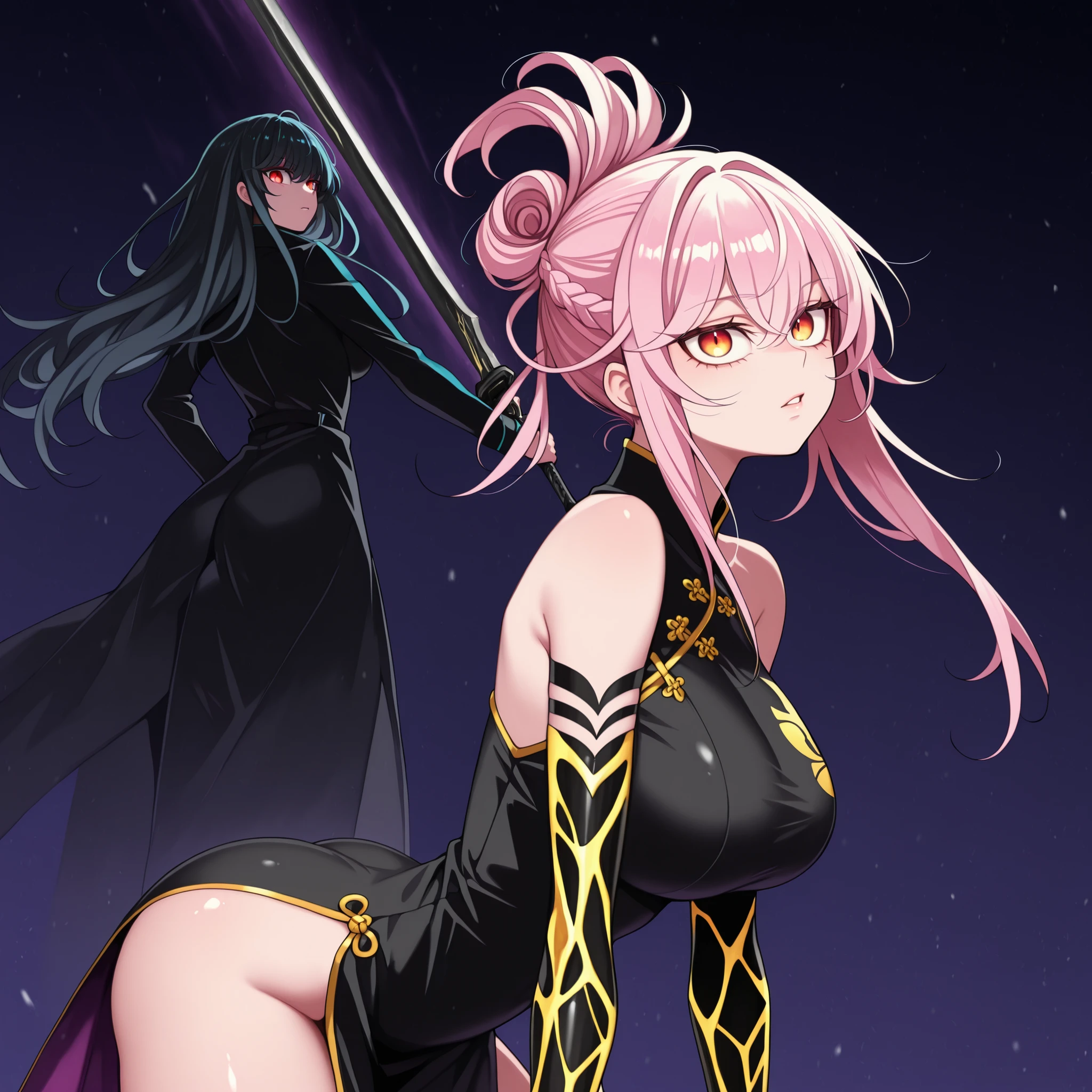 Sozinho, 1 , jovem Personagem, age Personagem, Personagem;
cabelo azul ciano, the Personagem's hairstyle must be the same as Lily from "Lilith's Cord" (long pigtail hairstyle), franja longa, pigtail hairstyle;
The Personagem's face must be the same as Lily from "Lilith's Cord", olhos como Lily de "Lilith's Cord", cute expression, jovem, sensual, perfect and beautiful face, long pigtail hairstyle, big breasts and ass;
anatomia perfeita, big breasts and ass, Black coat like Reed, a Chama Sombra em "arknights", sexy black Chinese dress (Chinese dress with gold details), exposed arms, em uma pose sensual, bunda animada, short body height;
Holding a black sword with gold details, ornamentos de ouro, divine and beautiful large sword, cyan blue blade;
fundo preto, attack position, looking at the observer, The Personagem's height should be the same as Lily from "Lilith's Cord";
pose chamativa, exposed shoulders and head, perto do rosto , looking at the Personagem, looking at the observer, cara a cara, cute expression, confiante;