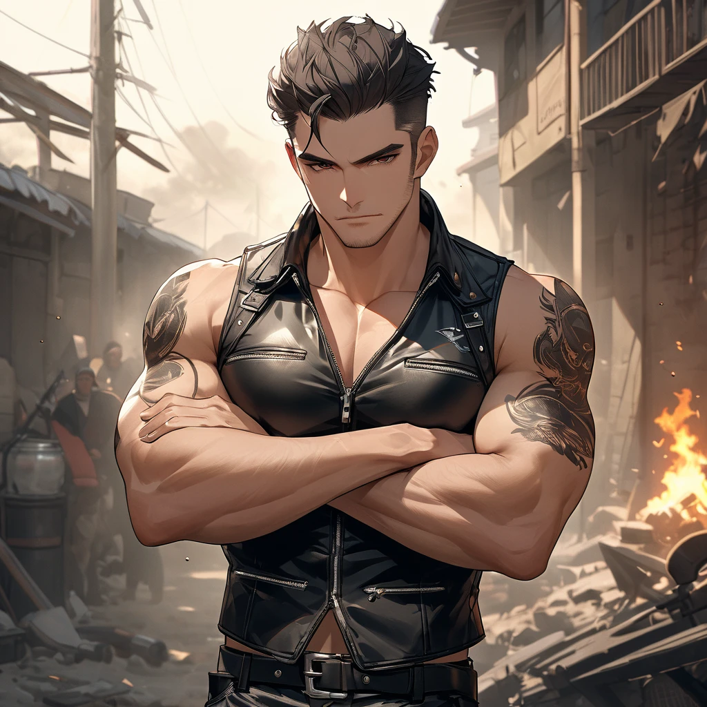 (obra-prima melhor qualidade:1.2) homem, rosto detalhado, 4k, alta resolução, A man in a destroyed bunker, Demon Slayer Particles, jaqueta preta aberta, sem camisa, muscles on display, cabelos pretos longos, algumas mechas loiras, guerreiro, cabelos amarrados