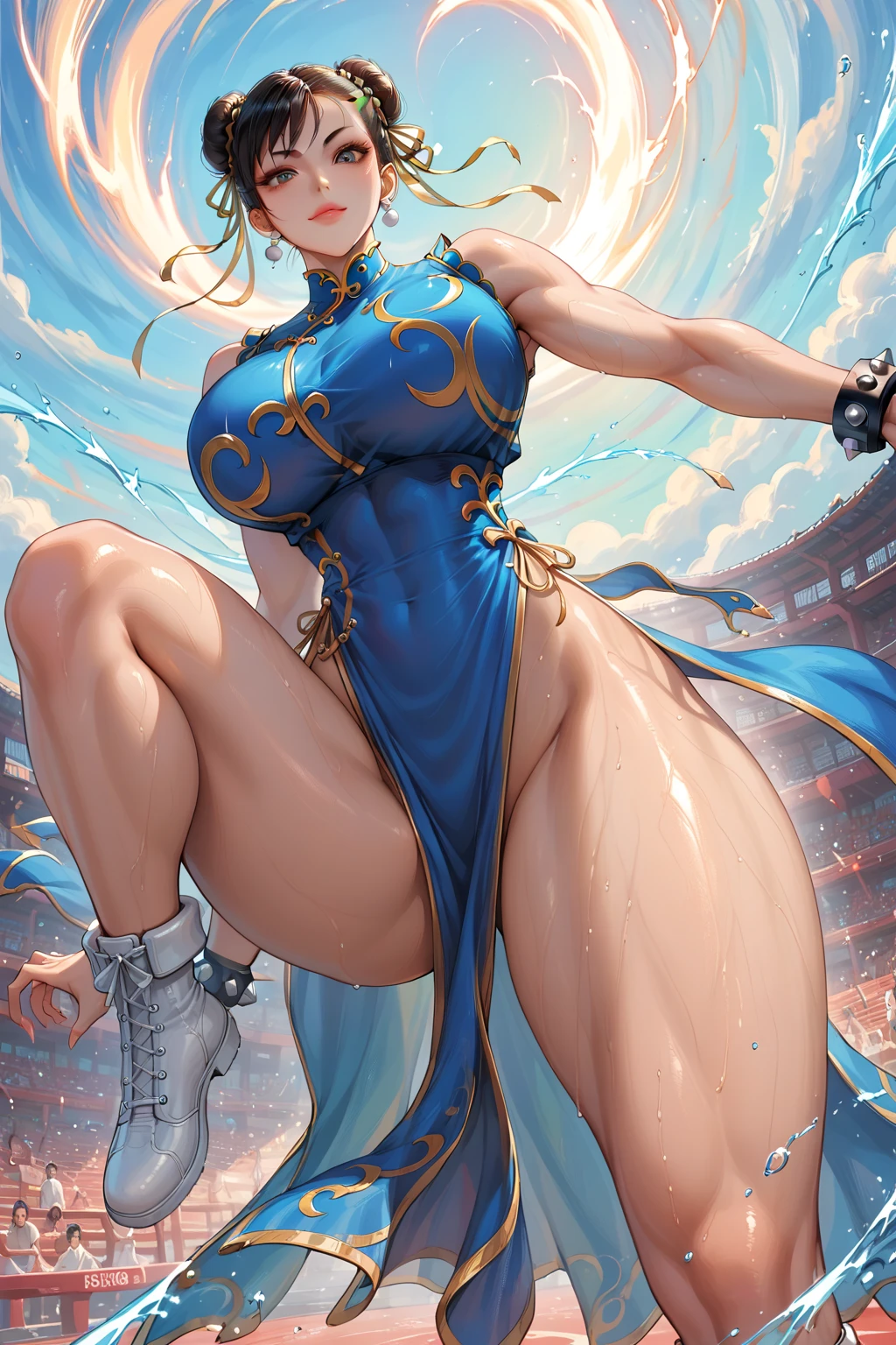 (masterpiece, illustration, action scene, very detailed image, best high quality high definition image, carefully detailed textures and pixels, carefully detailed character and background, alone solo character, sexy scene, from behind view)
{{1character: beautiful 40 years old norse aristocrat blonde woman milf: (fair skin, light blue eyes, wavy yellow-blonde-golden hair, absolute beauty, frustrated face, big breasts, voluptuous figure, huge butt, fallen on the mat defeated, sweating), (headbang bith two flue flowers, silver necklace, blue one-piece wrestling leotard with rich golden details, golden wrestling boots, white wrestling elbow-pads, white wrestling knee-pads), (wrestling big ring, female wrestling stadium)}}