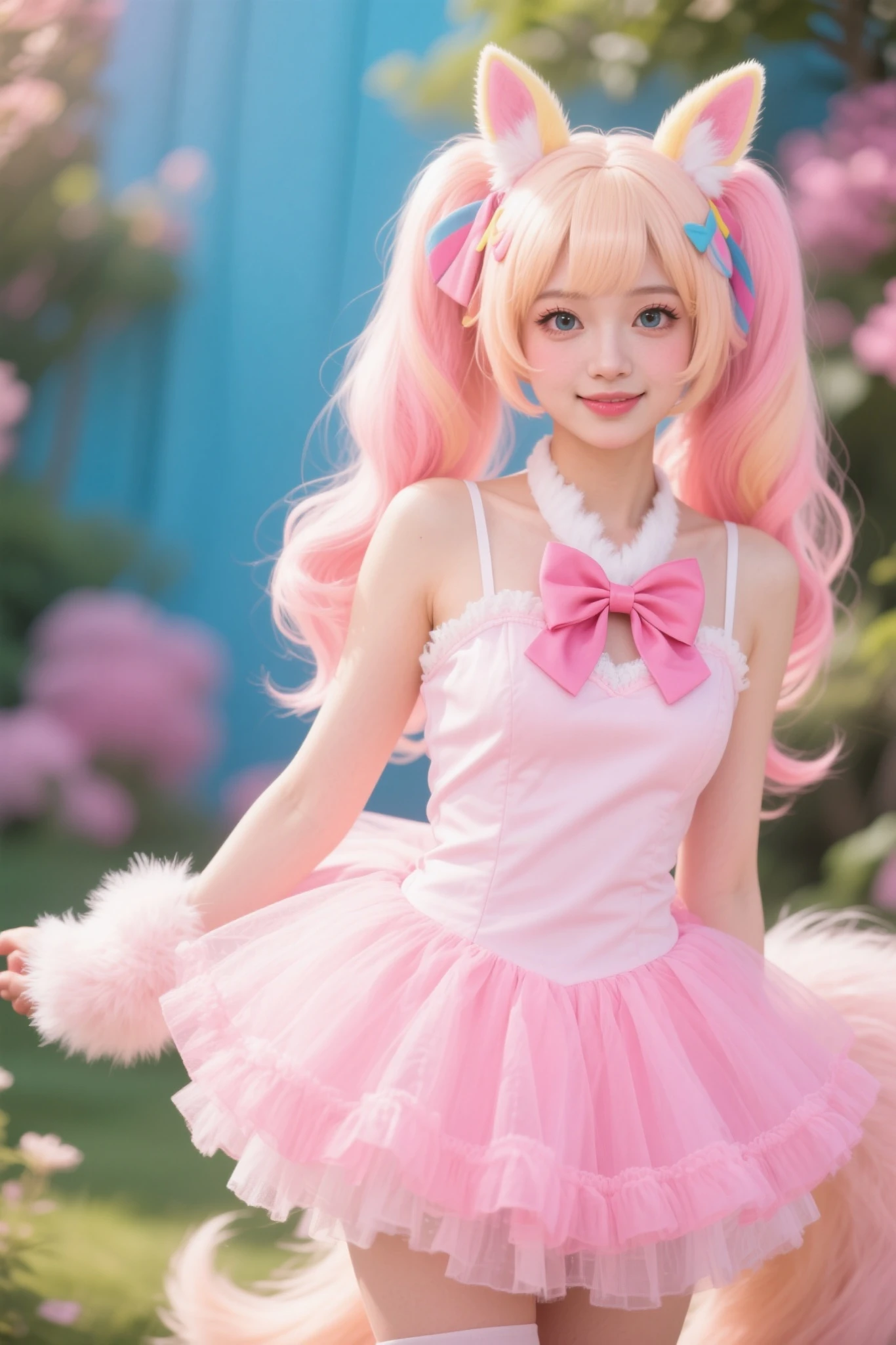 realistic, <lyco:cosgine-xl-lokr-000016:1> cinematic lighting,
earrings, bangs, multicolored hair, looking at viewer, blue dress, cat girl, 1girl, frills, feet out of frame, hairclip, white background, animal ear fluff, candy hair ornament, gradient hair, heterochromia, dress, paw pose, cat tail, medium hair, simple background, blush, purple eyes, sleeveless dress, starry sky print, bracelet, food-themed hair ornament, ahoge, :3, pink hair, animal ears