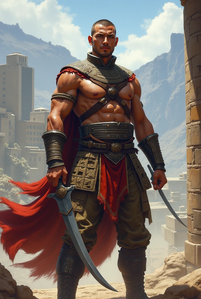 a man with a dashing face and dashing body posture holding a sword in his left hand and holding a shield in his right hand, preparing to fight and wearing armor