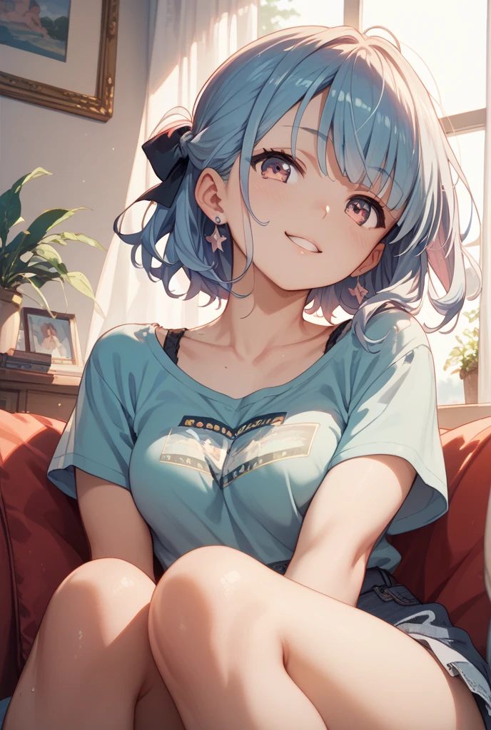 (masterpiece:1.3), (best quality:1.3), high resolution,
couboy shot,
body facing forward, sitting on the sofa,
(one cute girl:1.3), solo,
white skin, small Breast, eight-headed person,
light blue hair, (bobbed hair:1.2), (short hair:1.2), (blunt bangs:1.2), beautiful hair, blue eyes, beautiful detailed eyes,
(tongue out:1.3), heart, cheerful smile,
casual clothes, short pants, Simple Costumes,
indoors, living, white room,
shadowlighting,