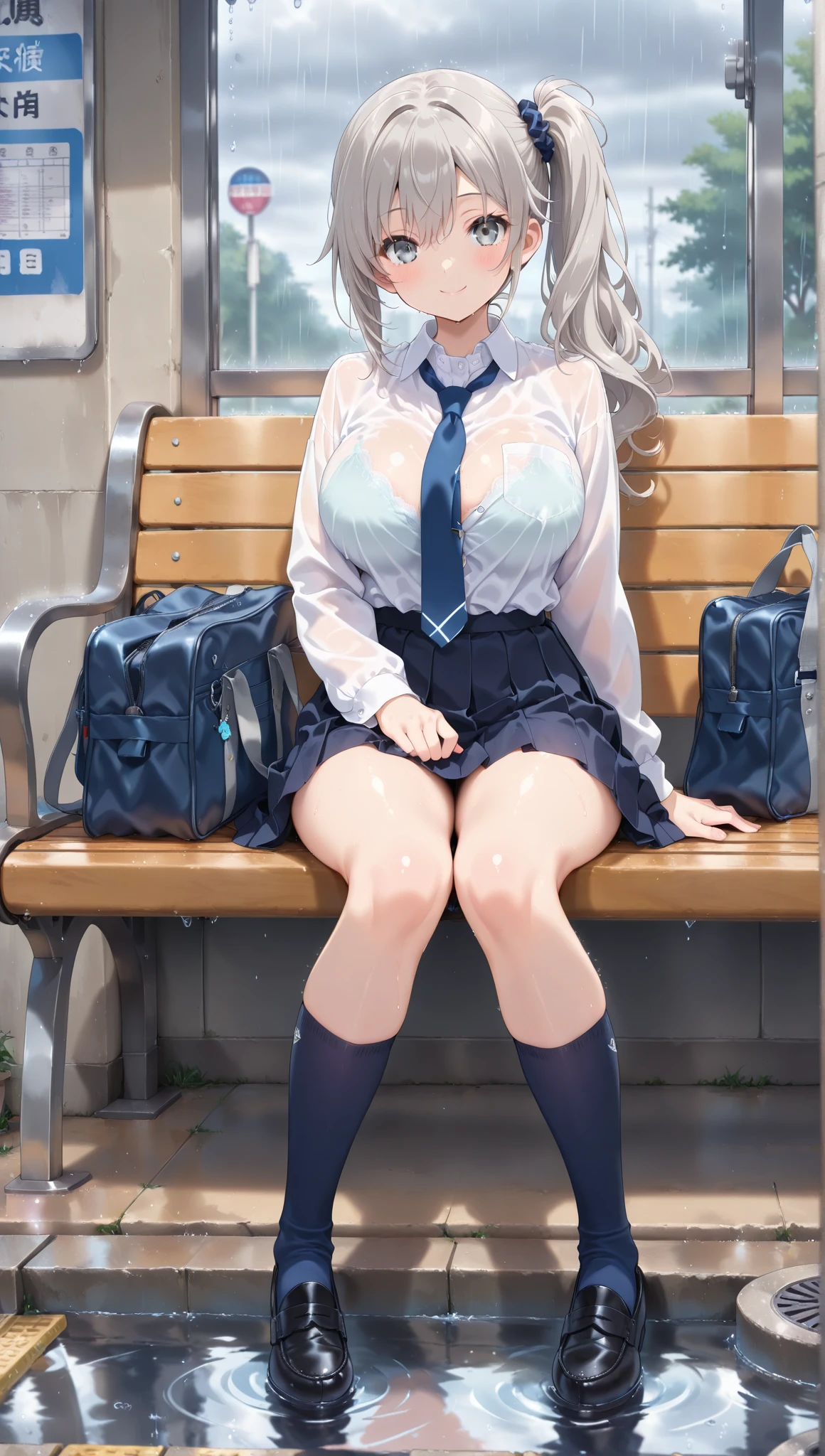 (A beautiful young Japanese woman), nsfw, Detailed Background, (((独奏))), ((Excellent anatomy: 1.2)), (Blonde, long hair), Big Tits, (dark skin:1.7), green eyes, (Beautiful Eyes), (((Short sleeve white shirt, Blue short tie, Gray pleated mini skirt, Random color panties, loose socks, loafers))), grin, Earrings, Sitting on a bench in front of the station, Beautiful thighs, spread legs, (lift skirt:1.4), panty shot.