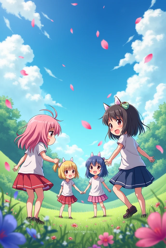Three friends hugs, ung girl and 2 young boys approximately between 20 and 25 years old, anime