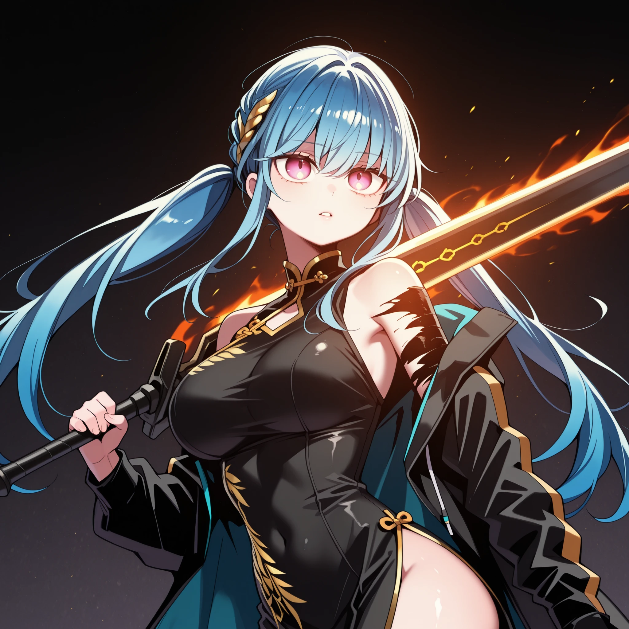 Solo, 1 girl, young character, age character, character;
cyan blue hair, the character's hairstyle must be the same as Lily from "Lilith's Cord" (long pigtails hairstyle), long bangs, pigtails hairstyle;
The character's face must be the same as Lily from "Lilith's Cord", eyes as Lily from "Lilith's Cord", cute expression, young, sensual, perfect and beautiful face, long pigtails hairstyle, big breasts and ass;
Perfect anatomy, big breasts and ass, Black coat like Reed, the Flame Shadow in "Arknights", sensual black Chinese dress (Chinese dress with gold details), exposed arms, in a sensual pose, perky butt, short body height;
Holding a black greatsword with gold details, gold ornaments, divine and beautiful greatsword, cyan blue blade;
Black background, striking pose, looking at the observer, The character's height should be the same as Lily from "Lilith's Cord";
Flashy pose, shoulders and head exposed, close to the face, looking at the character, looking at the observer, face to face, cute expression, confident;