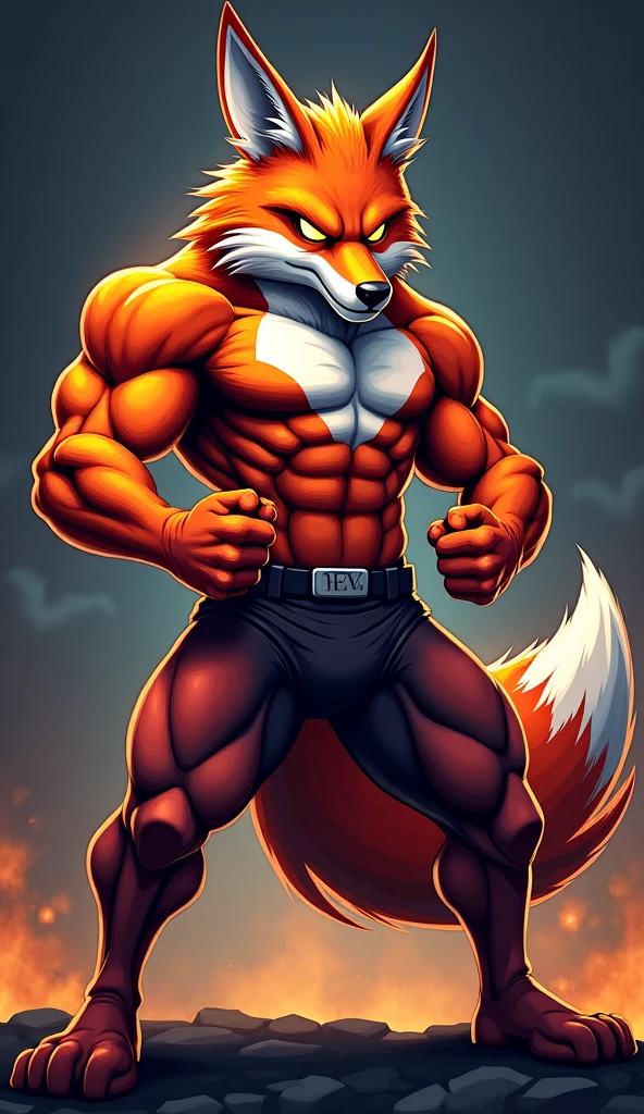 (a big muscular handsome bodybuilder masculine:1.2) wearing a Bermuda, (the background surrounded by a luminescence aura of a Fox spirit:1.3), fantastic, intricate details. Hyper-realistic.
