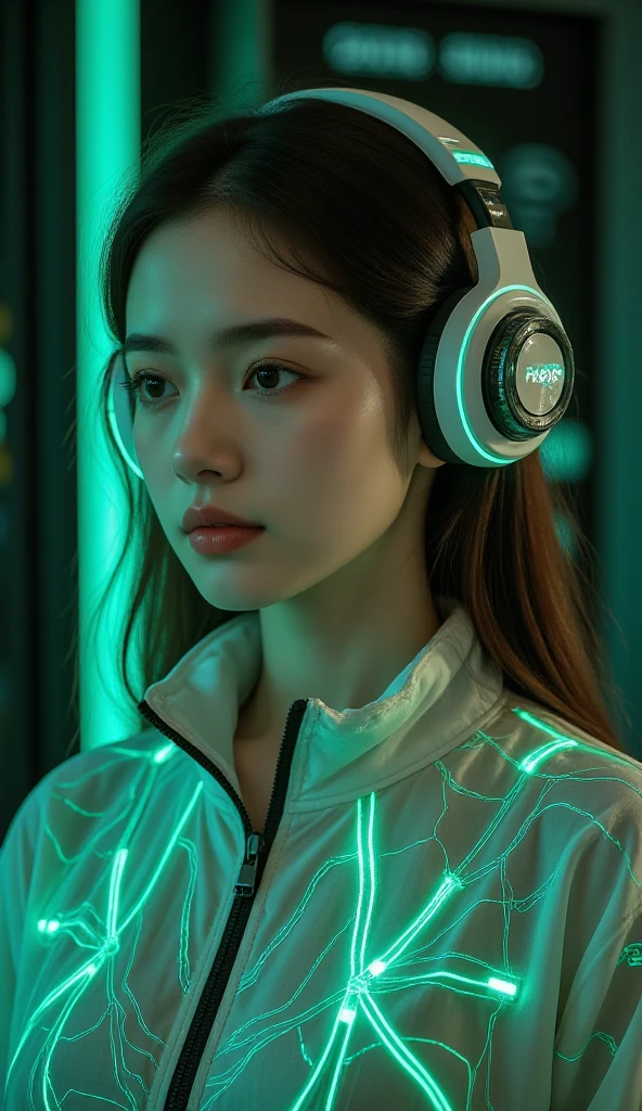 Russian child girl long dark hair straight, put on headphone jack and change into a cyberpunk green coat but do not change the face, gray background. --auto --s2