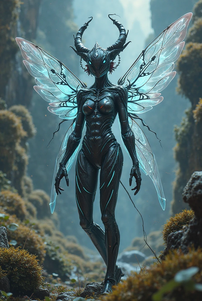 webbedtech female Medium Cunning Alien Otherworldly Crystalline, Multipedal Trimanual, Unguligrade Appendages, Short-Tailed, Iridescent Skin, Dark Wings, Swirl Pattern , fuzzy organic webs, scifi, detailed <lora:WebbedTech:0.8>