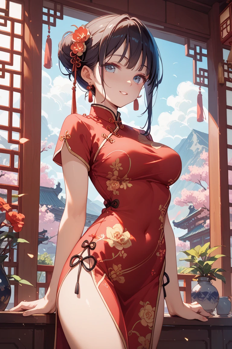 1girl, Cheongsam, Qipao, A woman wearing a beautiful red cheongsam, long black hair, elegant, graceful pose, detailed facial features, glowing skin, ornate jewelry, outdoor garden setting, sunlight filtering through trees, lush greenery, intricate floral patterns, cinematic lighting, highly detailed, 8k, masterpiece, best quality, very aesthetic, absurdres