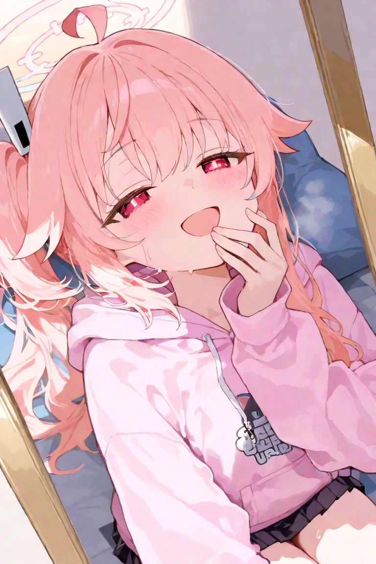 NSFW, Natsu, Natsu_Blue_Archive, short hair, white hoodie, black stockings, sparkly eyes, masturbation, 1 girl, bed, bedroom, toys