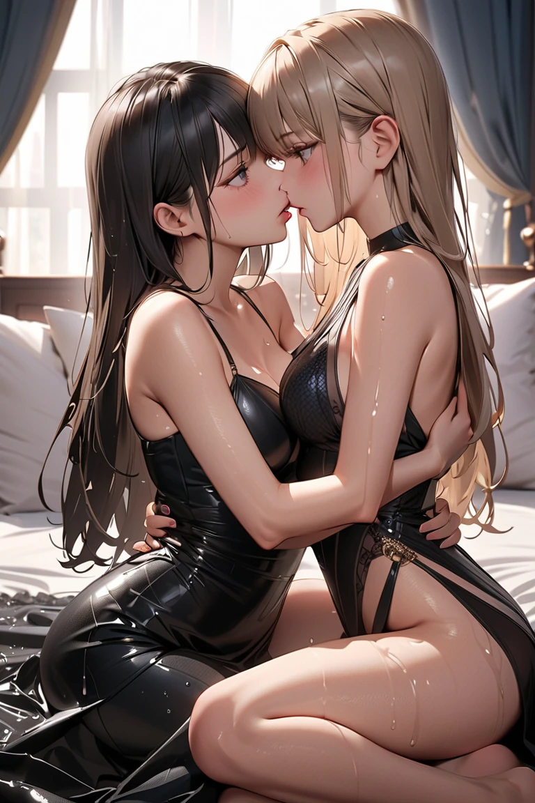 Two beautiful women in Bikins kiss, both have long wet messy hair, round large breasts with small areolas, (full entire body), left woman dark red hair, right woman light golden hair, (Both bodies are wet) sweat heavily, humid, shinny skin, closed eyes, orgasm