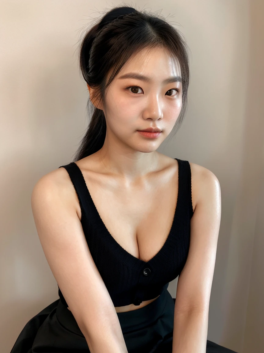 25 years Old woman,  Sleeveless Shirt, cleavage, beauty face, thin, Updo hair style, small breast