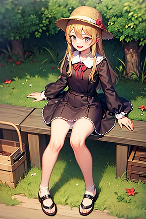 aki minoriko,mob cap, fruit, grapes, shirt, wide sleeves, apron, skirt,blonde hair,red eyes,white socks,???????