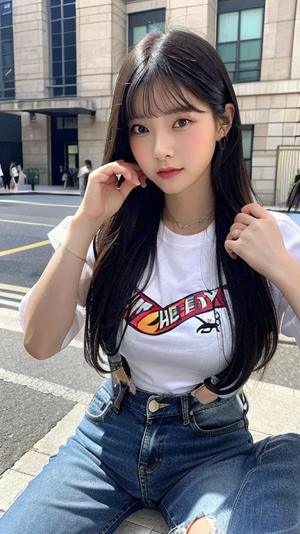 best qualtiy，tmasterpiece，8K ultra-high resolution，（realisticlying：1.2），RAW photogr，（Evening street），1个Giant Breast Girl，黑The eye，looking at viewert，long whitr hair，Light makeup，cparted lips，tiny ears，whitet-shirt，denim short，耳Nipple Ring，Sit in Ferrari，Bigchest，Slim