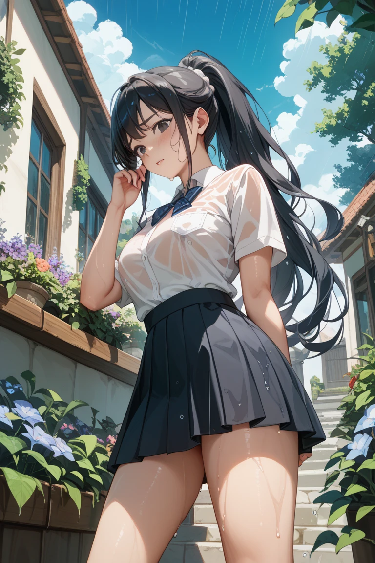 ((((highest quality)))), (((Ultra-precision CG 16K))), (((masterpiece))), (((Very detailed))), (((Extremely detailed))), (((Black outline:1.3, Written boundary depth:1.3 , Written soft outline))), Maximum clarity and sharpness,Multilayer Texture, Surface Shading, Cinematic lighting, Beautiful details sparkle ,Perfect Proportions, Limited to three woman, BREAK accurate, Anatomically correct, Highly detailed face and skin texture, drawn in detail, Highly detailed facial and skin texture, Detailed eyes, beautiful hair, Beautiful Japanese Idol face, Beautiful and beautiful eyes, Beautiful body, Beautiful breasts, Beautiful thighs, Beautiful legs, Beautiful fingers, (Beautiful views) , skinny body, ((Beautiful Skin)), ((Skin Texture)) BREAK breast enlarged, medium Breasts, rocket breasts, (((perky breasts))), (covered nipples), slender waist, (smiling , narrow eyes, blush, determined expression, hot, sweaty , Heavy breathing,) BREAK (((wearing oversized character printed sexy tank top, wearing outfit in casual way, wearing pleats mini-skirt, breasts is covered by outfit))) , wearing earrings, BREAK ( stick breast out),(((looking at viewer, super detailed background , cumulonimbus of summer sky, high school student standing quietly and put hands in the pocket at vivid green Vast grasslands , from random angles ))),