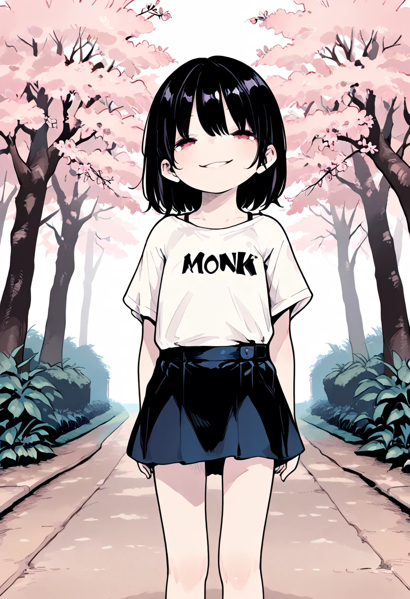 8k,masterpiece, Japanese,  girl,and earlier, innocent smile, Gentle Eyes,work,T-shirt,Short sleeve,Short Skirt,semi-long,noon,  bright,cherry tree, Line Art, Flat Color, 