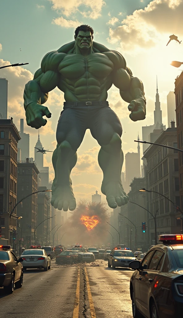 Marvel Hulk ((Super Strong)), masterpiece, best quality, ultra detailed, destroyed floor, destroyed city background, shadows, contrast, clear sky, style (look at viewer: 1.2) (skin texture) (film grain: 1.3), ultra high resolution, octane render, 16k