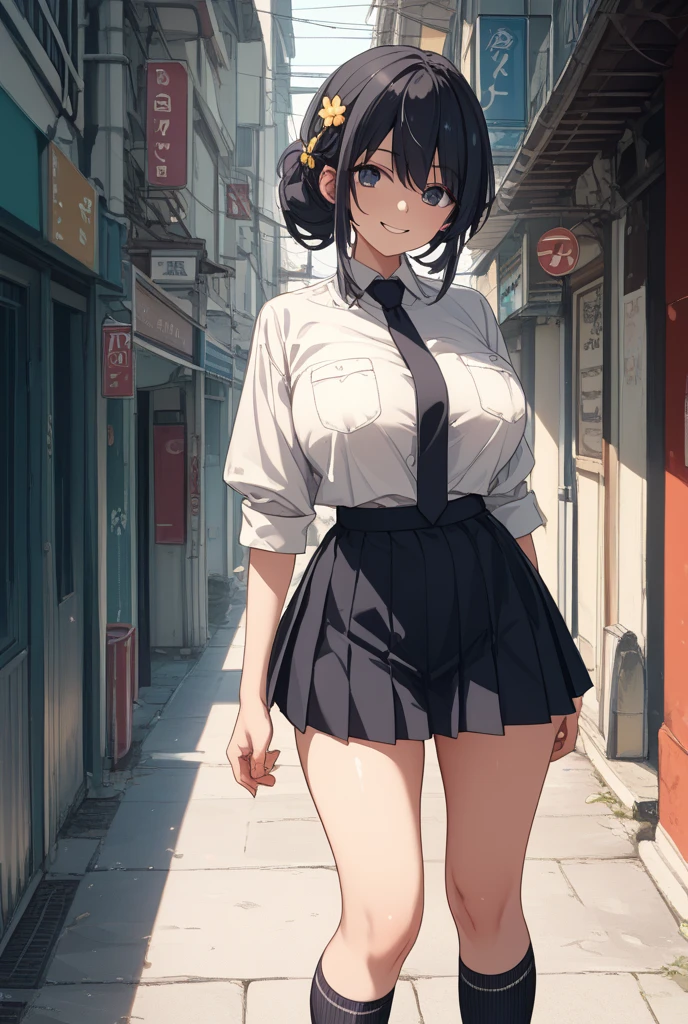 (masterpiece, best quality:1.2), 1 girl, alone , sexy , (school uniform), (cowboy shot) , black hair , (Sweat),  rainy 
