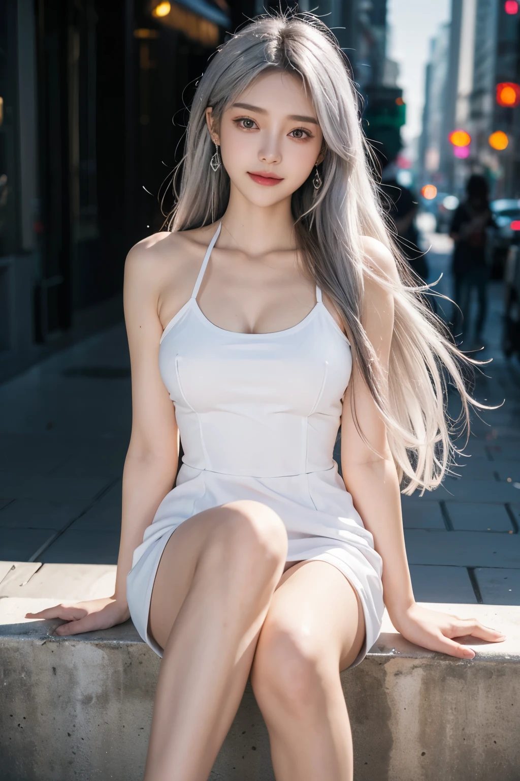 1 Girl, Beautiful, Baby Face, 20 Years Old, White Skin, Colossal Chest, Sexy Pose, ((Extreme White Sleeveless Tight Suit)), Blue Eye, Muscles, Bokeh, Modern Outdoor, Pastel Colour, ((Silver Hair))