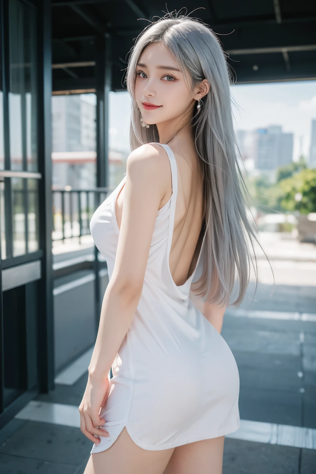 ((Girl Standing In Office)）、((Rear view))、 ((look back))、Silver hair, bangs, Blunt bangs, Long straight hair, aqua eyes, longeyelashes, Solid Circle Eyes, makeup, Open mouth, blush, Parted lips, Bright pupils, smiley, Seductive smile, glint, Surrealism, modern、Black pantyhose、high-heels、（(Pure white dress、Floral dress、、off shoulders、up skirt: 1.6)）、Skyscrapers are hazy in the windowix４、((stick out buttocks))、Provocative、 (Best Shadow: 1.1), （tongue、Vaginal orchids、Runny Vaginal Discharge、Blowing tide）、((White panties are visible)),