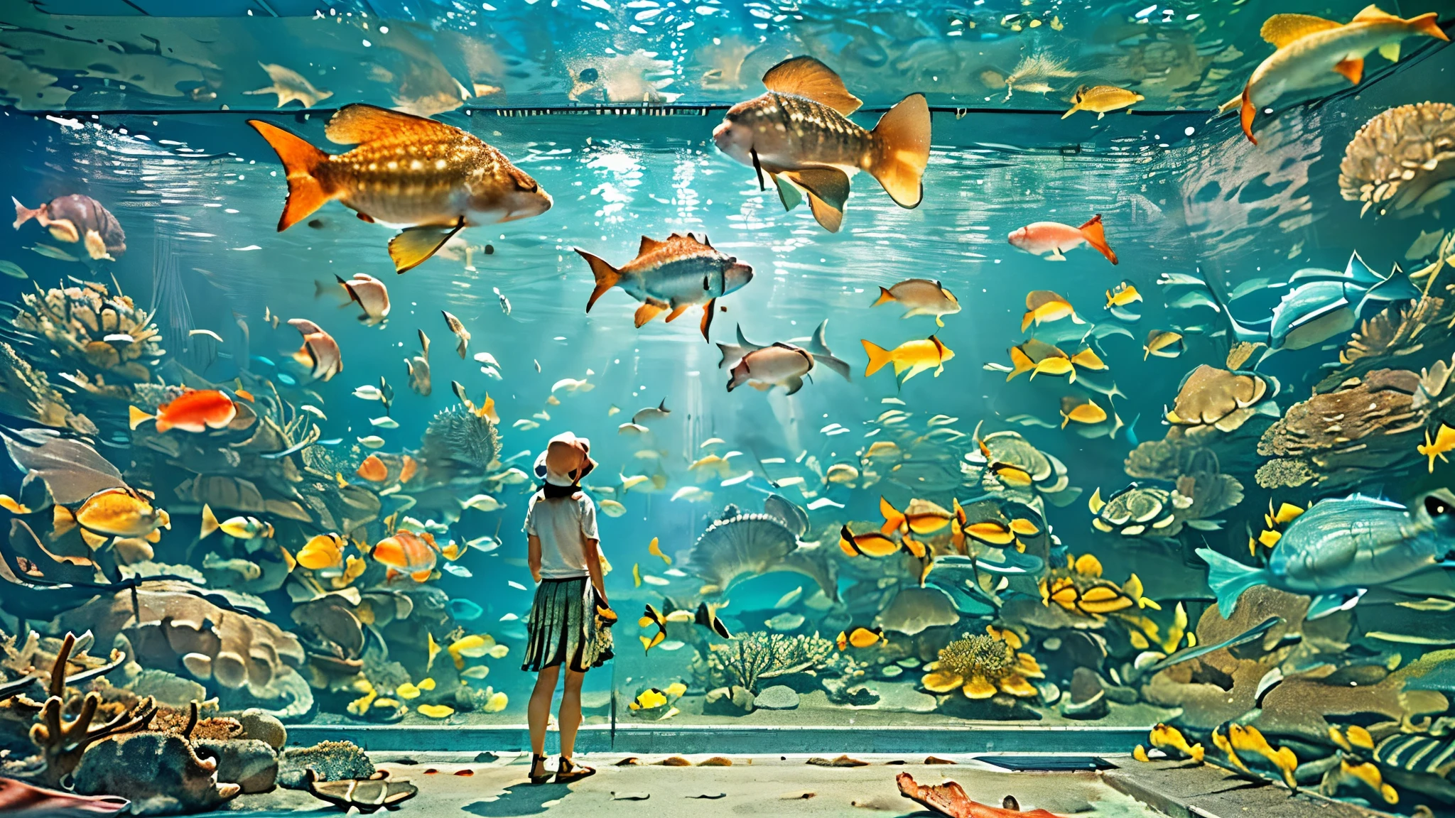 A huge, dimly illuminated, futuristic aquarium, while light dances through the water ,(Express detailed details:1.5), (I'm watching many fascinating schools of fish swimming in a super huge tank:1.5) . soft blue surface , (Majestic rays, giant sunfish, and large colorful tropical fish are swimming in the tank:1.5),(There are shrimp, crabs, starfish, sea anemones, and sea urchins crawling at the bottom of the tank:1.5), (A large number of tropical fish are swimming tightly in a huge multi-tiered tank:1.5),while admiring the serene beauty of the water、creates a calm atmosphere , world . in the background 、has a towering fish tank full of coral reefs and seaweed, a group of vibrant tropical fish.The supergiant aquarium of the future,(is full of colorful creatures I've never seen before swimming:1.5),Super giant aquarium,(A 100m water tank that is enough to look up:1.5),(Back view of a girl looking up at an aquarium:1.5),(colorful fish and creatures:1.5),
