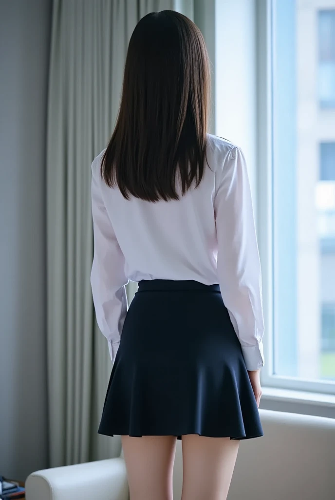 a beautiful woman in a room, sitting on the floor hugging her legs, wearing a navy blue skirt and tights, white button-up shirt with top buttons undone, contemplative expression, backlit from a window, soft cinematic lighting, detailed facial features, photorealistic, high-quality, intricate details, elegant, melancholy atmosphere, dramatic lighting, realistic, intricate textures, subtle color palette, 8K, masterpiece, Detailed posture、from side, night, Sitting on the floor holding your knees, I have a glass in one hand、There is beer in the glass、The time is night、