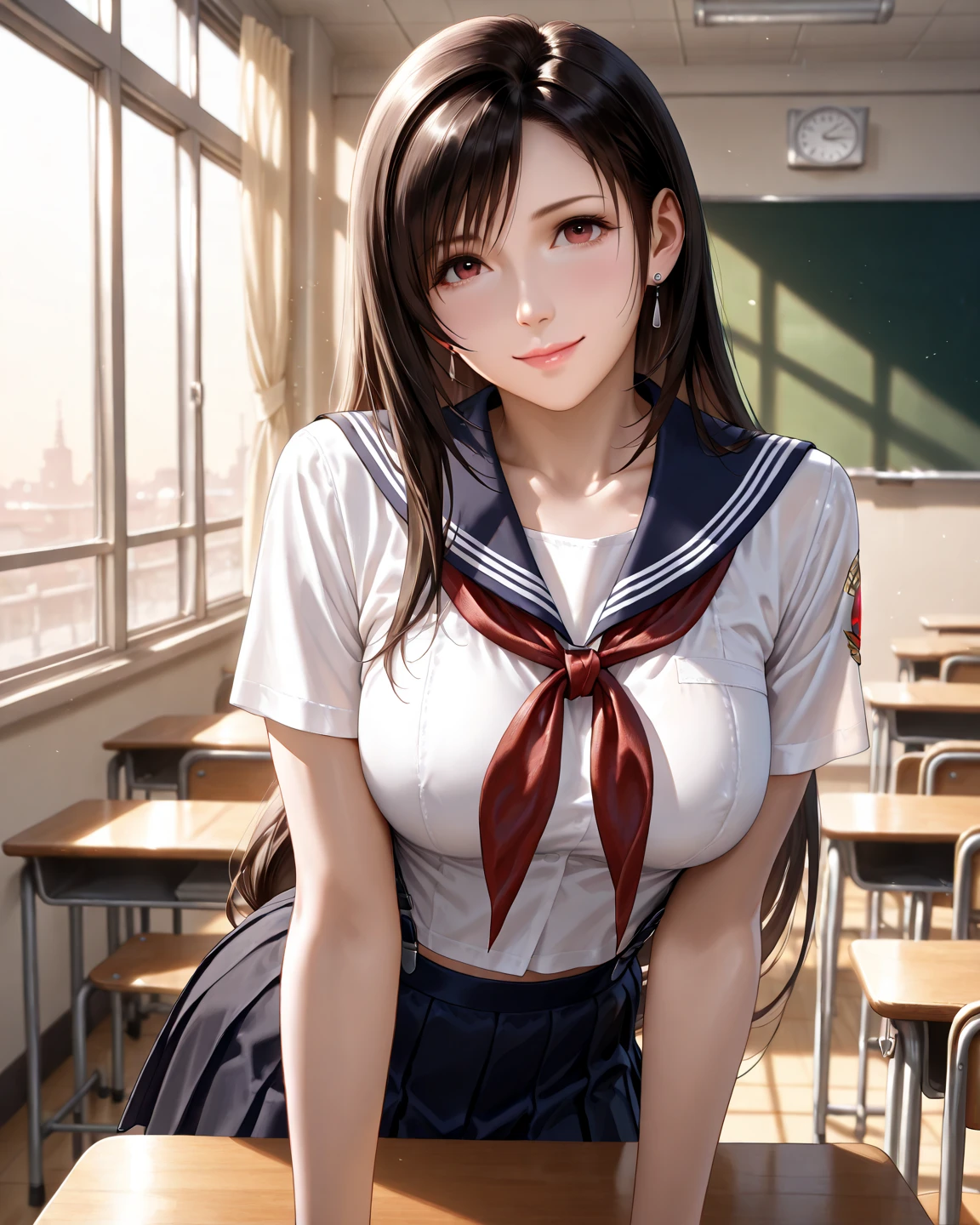 (masterpiece:1.2, top-quality), (realistic, photorealistic:1.4), beautiful illustration, 
looking at viewer, cowboy shot, front view:0.8, 
1 girl, japanese, high school girl, (long hair:1.4), light brown hair, (twin tail:1.7), large breasts:0.8, white skin
beautiful hair, beautiful face, beautiful detailed eyes, beautiful clavicle, beautiful body, beautiful chest, beautiful thigh, beautiful legs, beautiful detailed fingers, 
(beautiful scenery), , classroom, desks, chairs, 
((cute school uniform, long sleeves, pleated skirt, sailor collar, scarf)), white panties, shoes, 
sitting, sit in a chair, 
smile, peace sign,