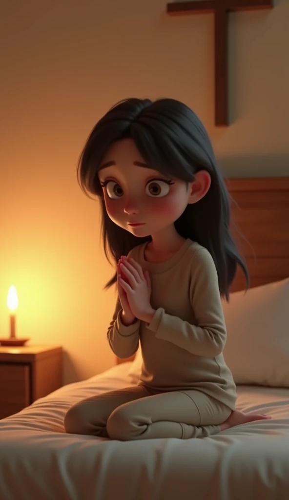 Generate in cinematic 3d cartoon style The worried mother kneeling beside the bed, her hands clasped in prayer, tears in her eyes