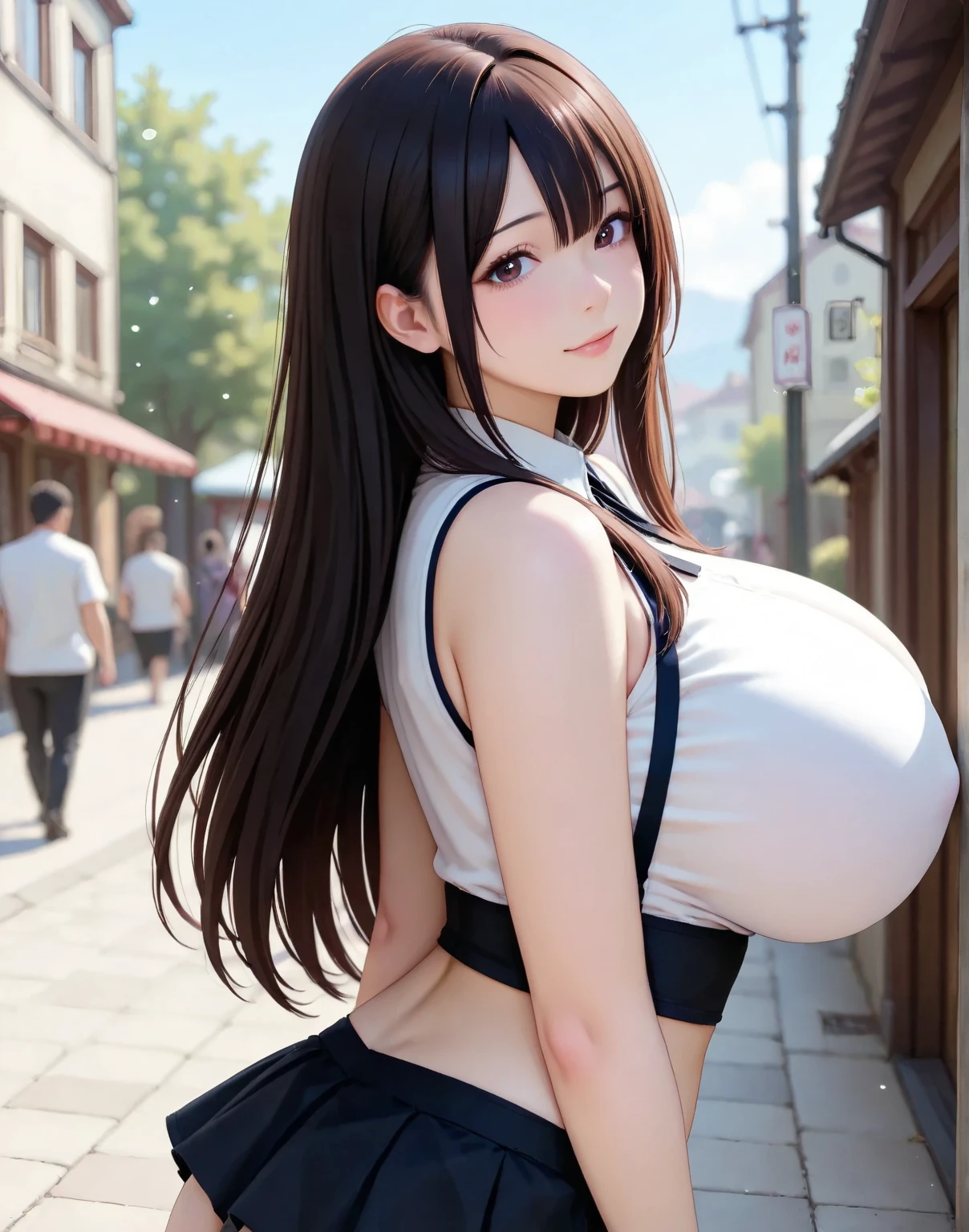 masterpiece, ultra-detailed,
smile, open mouth, dynamic pose, reaching hand,
BREAK girl, 15yo, cute, (:1.1), aqua eyes, (huge breasts:1.3), black hair, long hair, ponytail,
BREAK (white shiftdress:1.5), (long sleeve, white sleeve:1.2), white socks and Loafer,
BREAK navy sailor collar, aqua neckerchief,
BREAK on street, city scape,