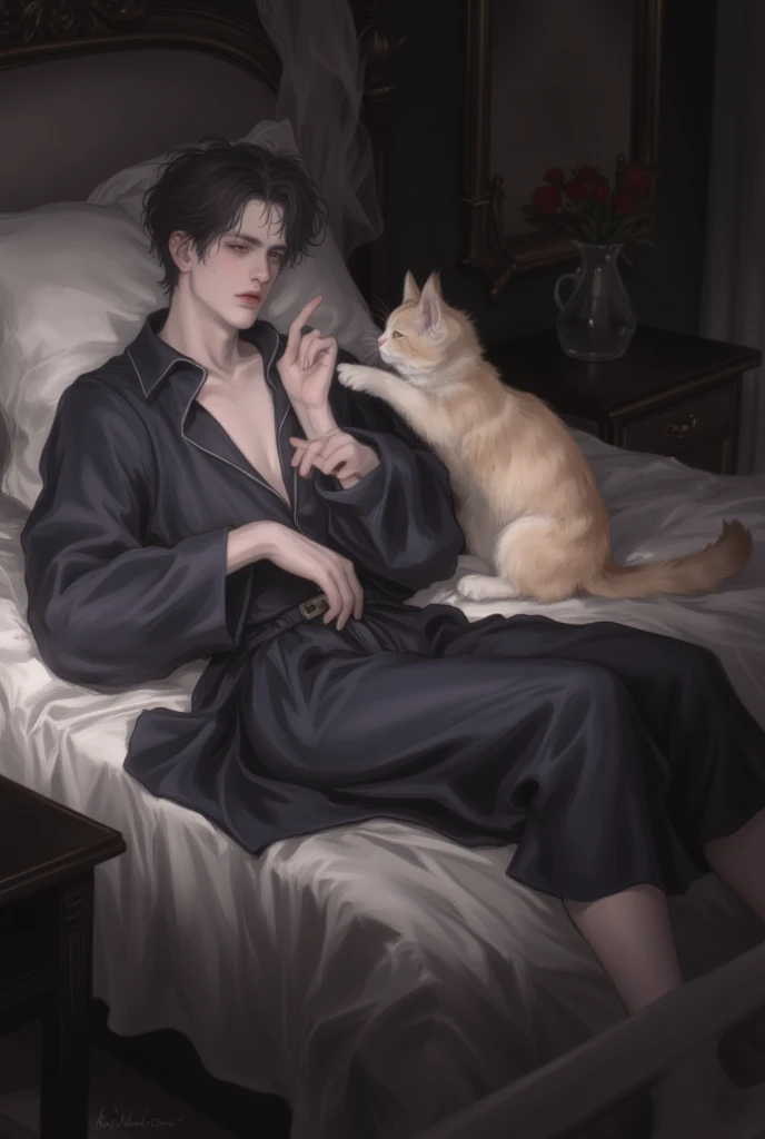 Sharp-featured young man, tousled dark hair, pale skin, cold expression ...