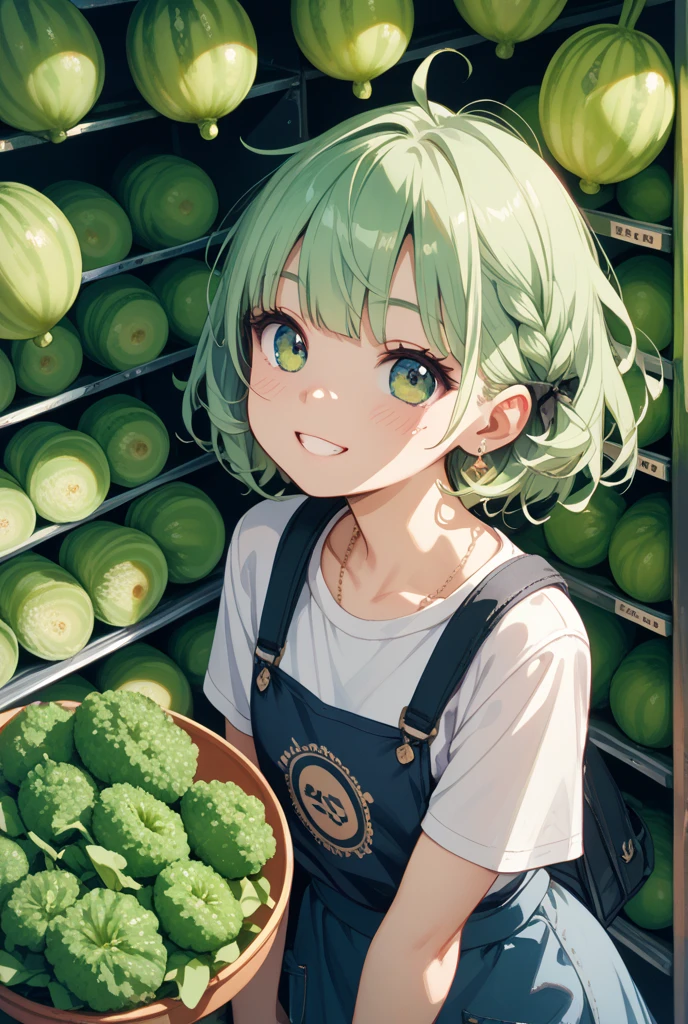 Masterpiece artwork, best qualityer, 1 girl, solamem.The, breastsout, gazing_phi_viewer, blush, canons_up to the top, t-shirt longa, hair green, wearing a flared skirt, Young body, Wearing pantyhose, with peach in hand, she is crying, many tears (tatsumaki: 1.7)