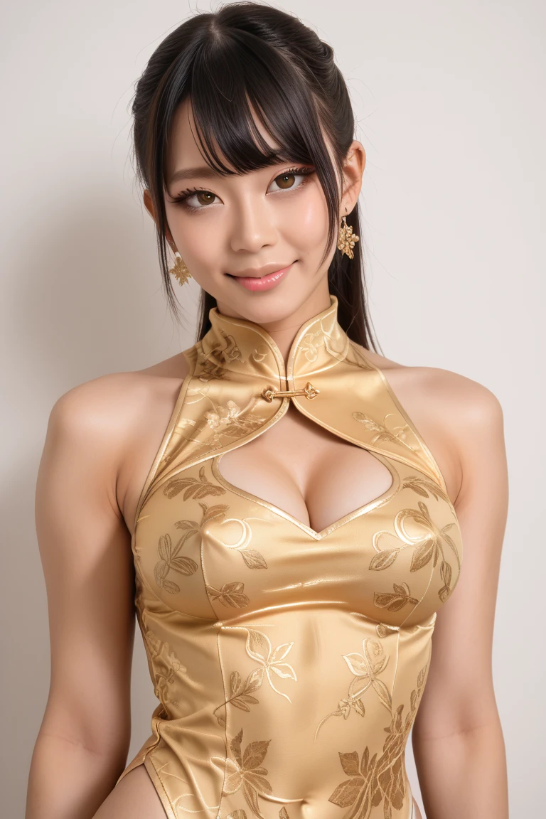 (Unity 16K Wallpaper, Masterpiece, Best Quality, Ultra-Detailed, Extremely Detailed CG, Beautiful Detailed Eyes, solo, curby, china dress, chinese clothes, thighs, voluptuous, Chinatown, upper body, chest up), Ultra High Resolution, fine skin、sexy, Sweat, character focus, portrait、seductive smile, Chinese cuisine, cleavage cutout, brown color hair, twin tails